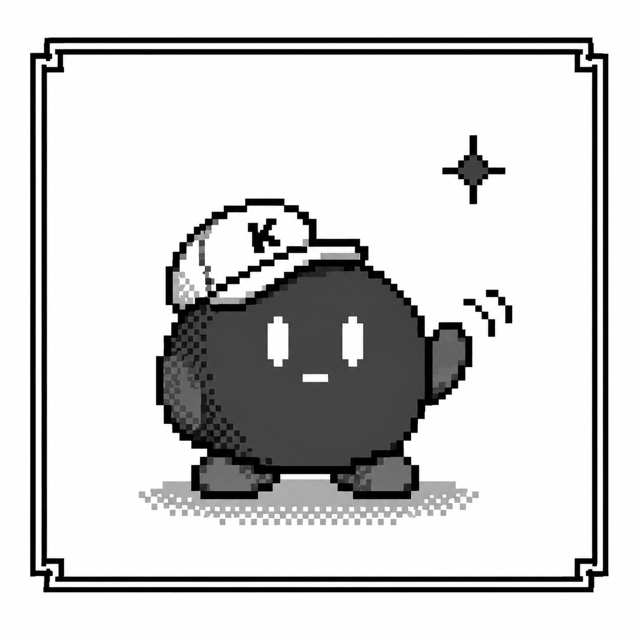 Pixel avatar of Kyu: a round dark creature wearing a white cap with the letter K, waving.
